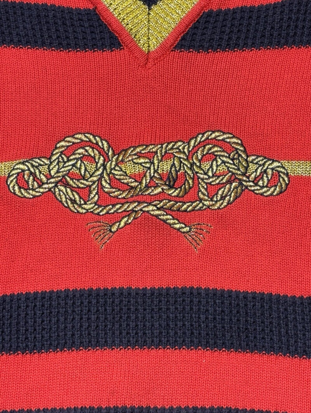 Vintage 1980s Vianni Red Navy Gold Nautical Striped V Neck Sweater Size 14 (42) - Picture 2 of 8